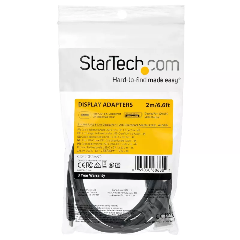 StarTech.com 6,6 pēdu (2 m) USB-C uz DisplayPort 1.2 kabelis 4K 60Hz — divvirzienu DP uz USB-C vai USB-C uz DP reversīvs video adaptera kabelis — HBR2/HDR — USB Type C/Thunderbolt monitora kabelis