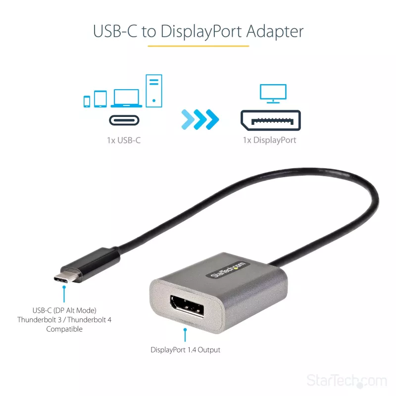 StarTech.com USB C–DisplayPort adapteris – 8K/4K 60 Hz USB-C–DisplayPort 1.4 adaptera sargspraudnis – USB Type-C–DP monitora video pārveidotājs – darbojas ar Thunderbolt 3 – ar 12 collu garu pievienotu kabeli