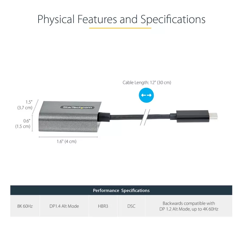 StarTech.com USB C–DisplayPort adapteris – 8K/4K 60 Hz USB-C–DisplayPort 1.4 adaptera sargspraudnis – USB Type-C–DP monitora video pārveidotājs – darbojas ar Thunderbolt 3 – ar 12 collu garu pievienotu kabeli
