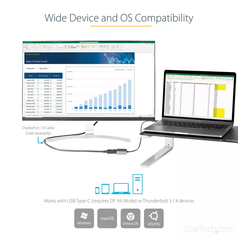 StarTech.com USB C–DisplayPort adapteris – 8K/4K 60 Hz USB-C–DisplayPort 1.4 adaptera sargspraudnis – USB Type-C–DP monitora video pārveidotājs – darbojas ar Thunderbolt 3 – ar 12 collu garu pievienotu kabeli