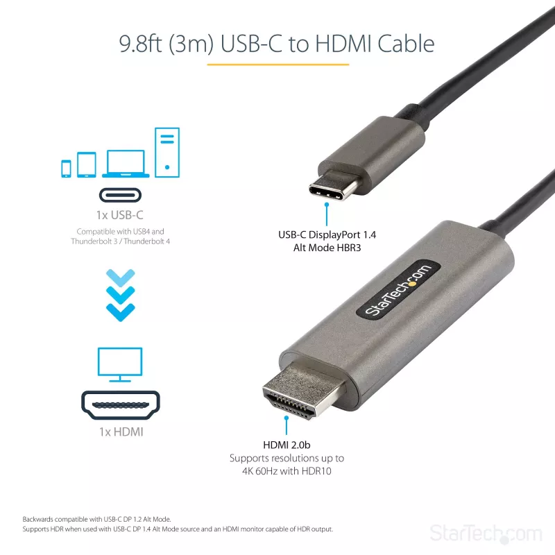 StarTech.com 10ft (3m) USB C uz HDMI kabelis 4K 60Hz ar HDR10 - Ultra HD USB Type-C uz 4K HDMI 2.0b video adaptera kabelis - USB-C uz HDMI HDR monitors/displeja pārveidotājs - DP 1.4 Alt Mode HBR3