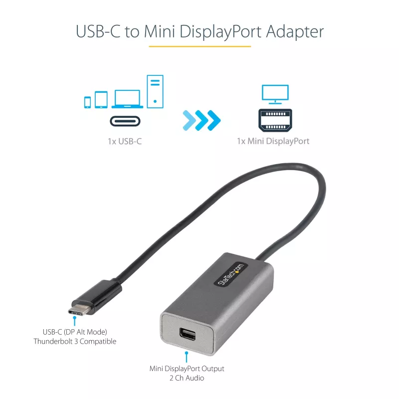 StarTech.com USB C uz Mini DisplayPort adapteris - 4K 60Hz USB-C uz mDP adaptera pārveidotājs - USB Type-C uz Mini DP monitors - Video pārveidotājs - Darbojas ar Thunderbolt 3 - 12 collu garš pievienots kabelis - Uzlabota CDP2MDP versija
