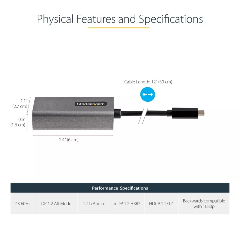 StarTech.com USB C uz Mini DisplayPort adapteris - 4K 60Hz USB-C uz mDP adaptera pārveidotājs - USB Type-C uz Mini DP monitors - Video pārveidotājs - Darbojas ar Thunderbolt 3 - 12 collu garš pievienots kabelis - Uzlabota CDP2MDP versija