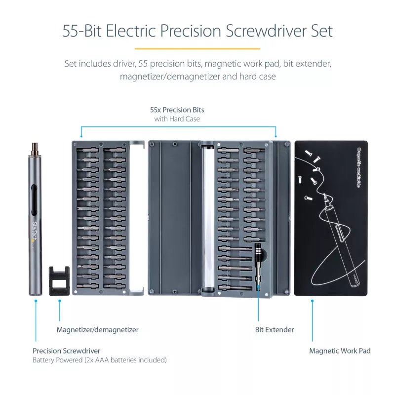 StarTech.com 55-Bit Electric Precision Screwdriver Set - Portable Cordless baterija Powered Bit Driver Kit for Electronic, Laptop, Computers, Tablet & Phone Repairs - Magnetic Work Pad