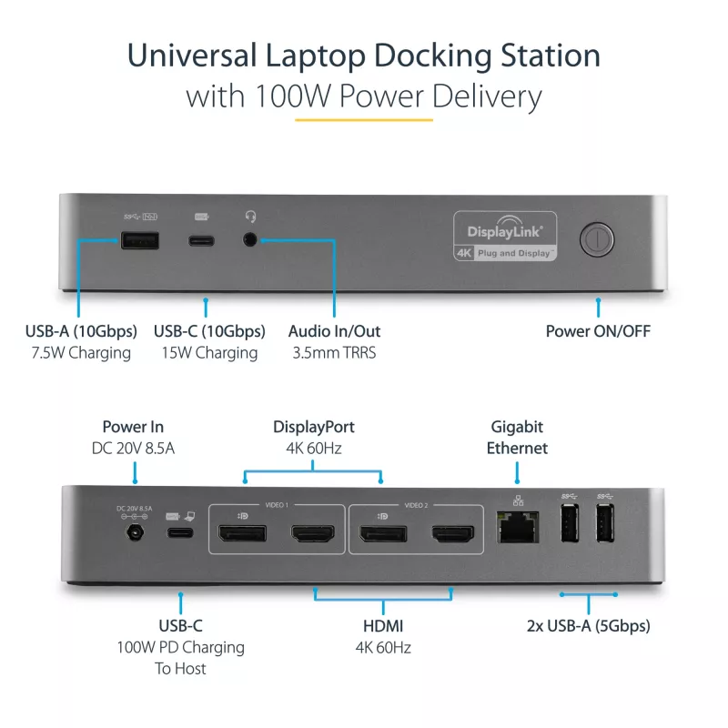 StarTech.com universāla klēpjdatoru dokstacija, hibrīda USB-C un USB-A dokstacija, divi 4K DP un HDMI, 100W PD, Mac/Windows/Chrome OS, 4x USB 5Gbps centrmezgls, GbE