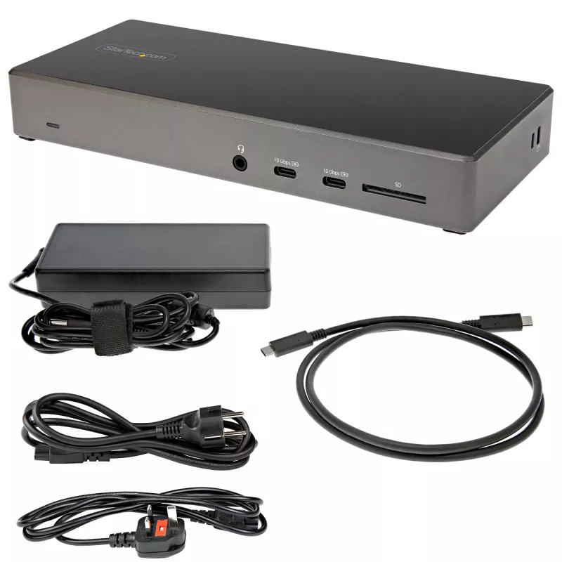 StarTech.com USB C dokstacija – trīskāršs 4K monitors USB Type-C dokstacija – 100 W Power Delivery – DP 1.4 Alt režīms un DSC, 2x DisplayPort 1.4/HDMI 2.0 – 6xUSB (2x 10 Gbps) – Windows/Chrome