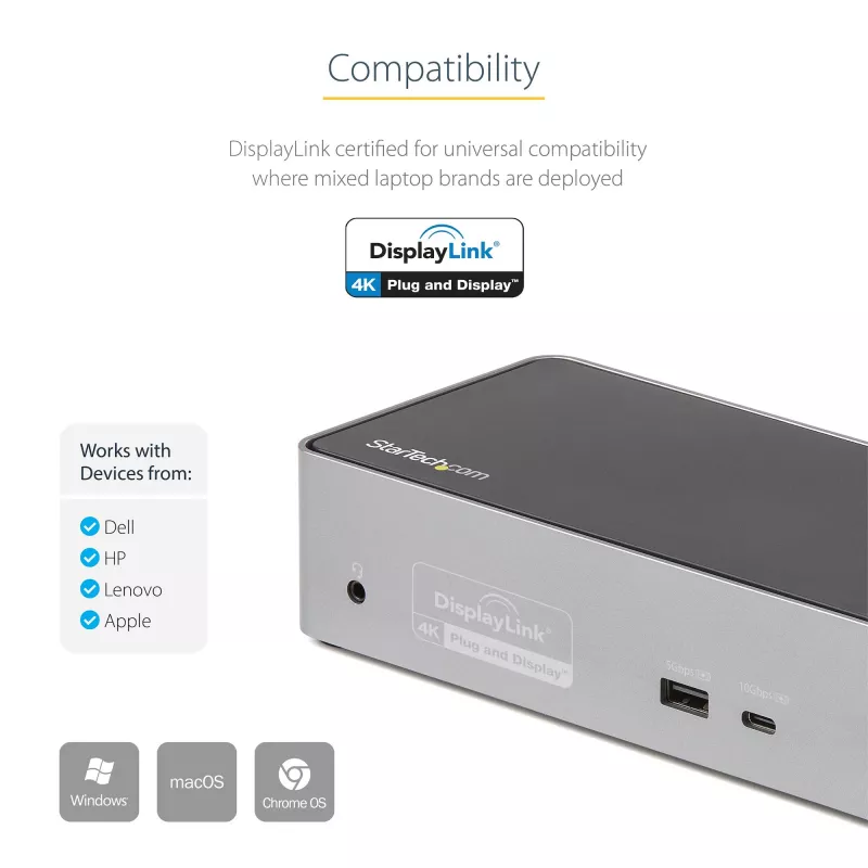 StarTech.com USB C dokstacija - 4K 60Hz četru monitoru DisplayPort un HDMI - universāla USB-C dokstacija ar 100W Power Delivery - USB centrmezgls ar 1x USB Type-C un 3x USB-A, Ethernet, Audio