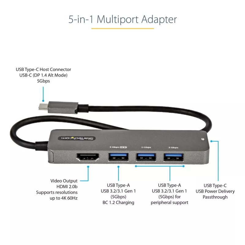 StarTech.com USB C vairāku pieslēgvietu adapteris — USB-C uz HDMI 2.0b 4K 60Hz (HDR10), 100 W strāvas padeves caurlaide, 4 portu USB 3.0 centrmezgls — USB Type-C mini dokstacija — 12 collu (30 cm) garš pievienots kabelis