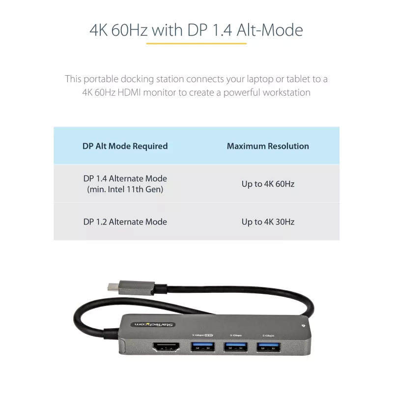 StarTech.com USB C vairāku pieslēgvietu adapteris — USB-C uz HDMI 2.0b 4K 60Hz (HDR10), 100 W strāvas padeves caurlaide, 4 portu USB 3.0 centrmezgls — USB Type-C mini dokstacija — 12 collu (30 cm) garš pievienots kabelis