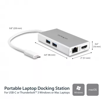 StarTech.com USB-C daudzportu adapteris — USB-C ceļojumu dokstacija ar 4K HDMI, 60 W strāvas padeves caurlaidi, GbE, 2 pieslēgvietu USB-A 3.0 centrmezglu — pārnēsājama mini USB Type-C dokstacija klēpjdatoram — balta