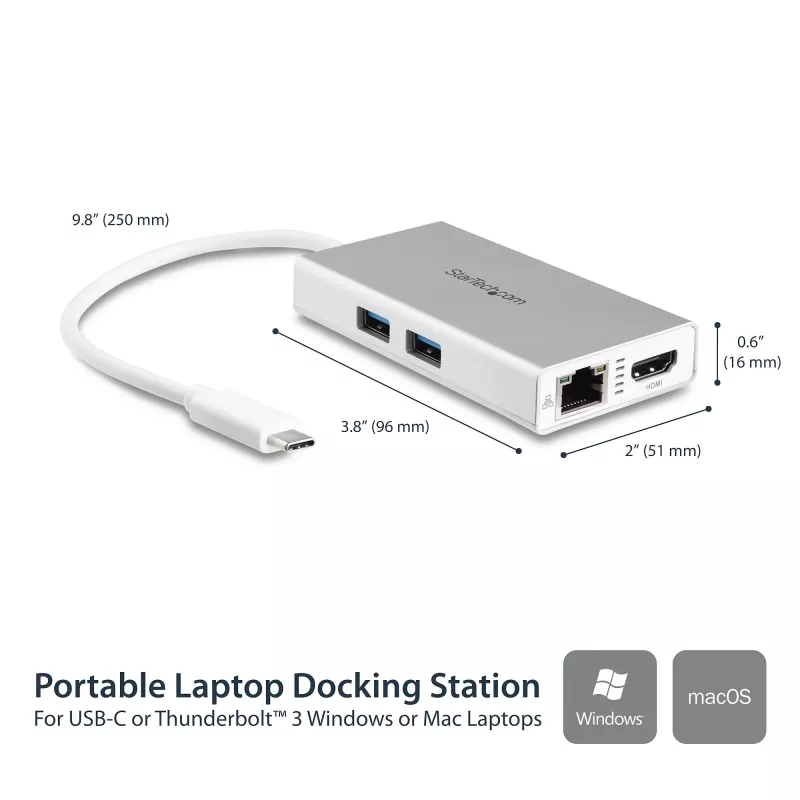 StarTech.com USB-C daudzportu adapteris — USB-C ceļojumu dokstacija ar 4K HDMI, 60 W strāvas padeves caurlaidi, GbE, 2 pieslēgvietu USB-A 3.0 centrmezglu — pārnēsājama mini USB Type-C dokstacija klēpjdatoram — balta