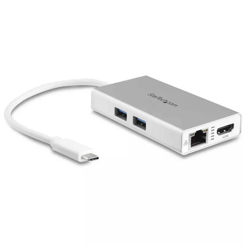 StarTech.com USB-C daudzportu adapteris — USB-C ceļojumu dokstacija ar 4K HDMI, 60 W strāvas padeves caurlaidi, GbE, 2 pieslēgvietu USB-A 3.0 centrmezglu — pārnēsājama mini USB Type-C dokstacija klēpjdatoram — balta