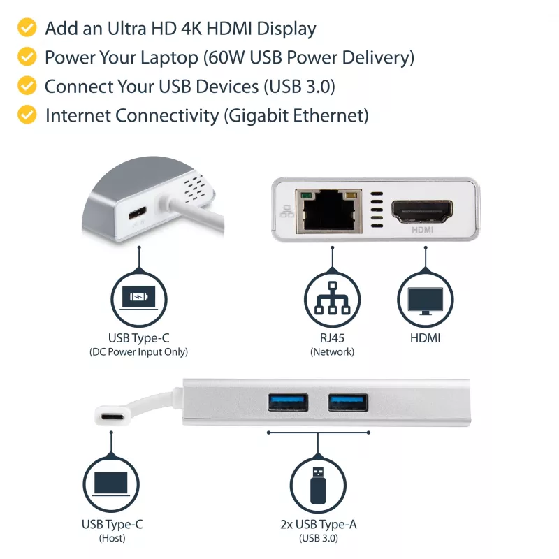 StarTech.com USB-C daudzportu adapteris — USB-C ceļojumu dokstacija ar 4K HDMI, 60 W strāvas padeves caurlaidi, GbE, 2 pieslēgvietu USB-A 3.0 centrmezglu — pārnēsājama mini USB Type-C dokstacija klēpjdatoram — balta