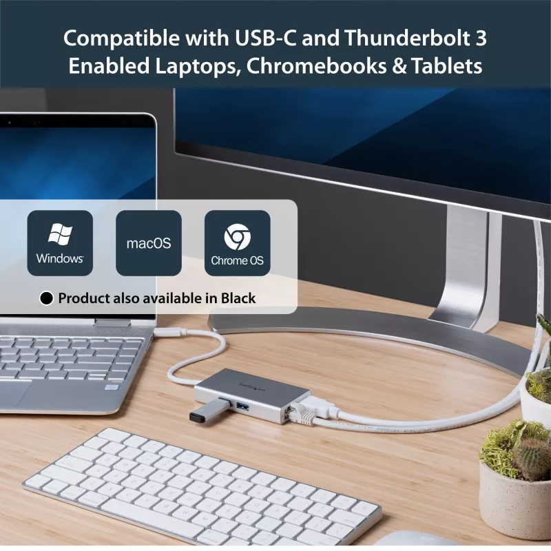 StarTech.com USB-C daudzportu adapteris — USB-C ceļojumu dokstacija ar 4K HDMI, 60 W strāvas padeves caurlaidi, GbE, 2 pieslēgvietu USB-A 3.0 centrmezglu — pārnēsājama mini USB Type-C dokstacija klēpjdatoram — balta