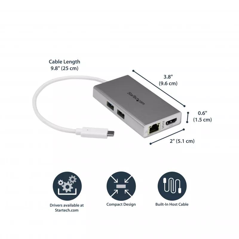 StarTech.com USB-C daudzportu adapteris — USB-C ceļojumu dokstacija ar 4K HDMI, 60 W strāvas padeves caurlaidi, GbE, 2 pieslēgvietu USB-A 3.0 centrmezglu — pārnēsājama mini USB Type-C dokstacija klēpjdatoram — balta