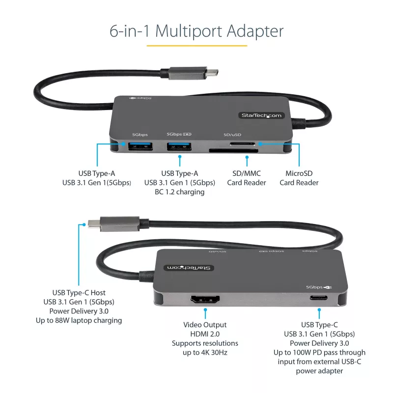 StarTech.com USB C daudzportu adapteris - USB-C uz 4K HDMI, 100W jaudas piegādes caurlaide, SD/MicroSD slots, 3 portu USB 3.0 centrmezgls - USB Type-C mini dokstacija - 12 inch (30cm) garš pievienots kabelis