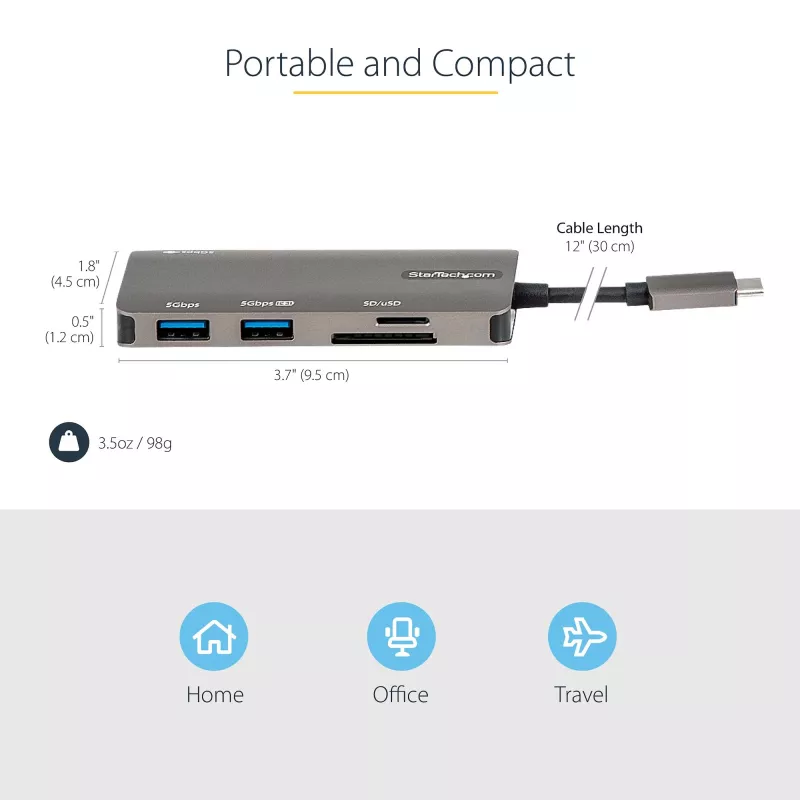 StarTech.com USB C daudzportu adapteris - USB-C uz 4K HDMI, 100W jaudas piegādes caurlaide, SD/MicroSD slots, 3 portu USB 3.0 centrmezgls - USB Type-C mini dokstacija - 12 inch (30cm) garš pievienots kabelis