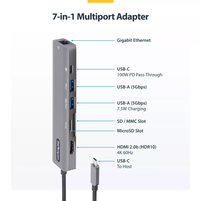 StarTech.com USB-C daudzportu adaptera centrmezgls, USB-C uz 4K 60Hz HDMI, Gigabit Ethernet un 100W klēpjdatora uzlāde Macbook Pro / Air un Windows