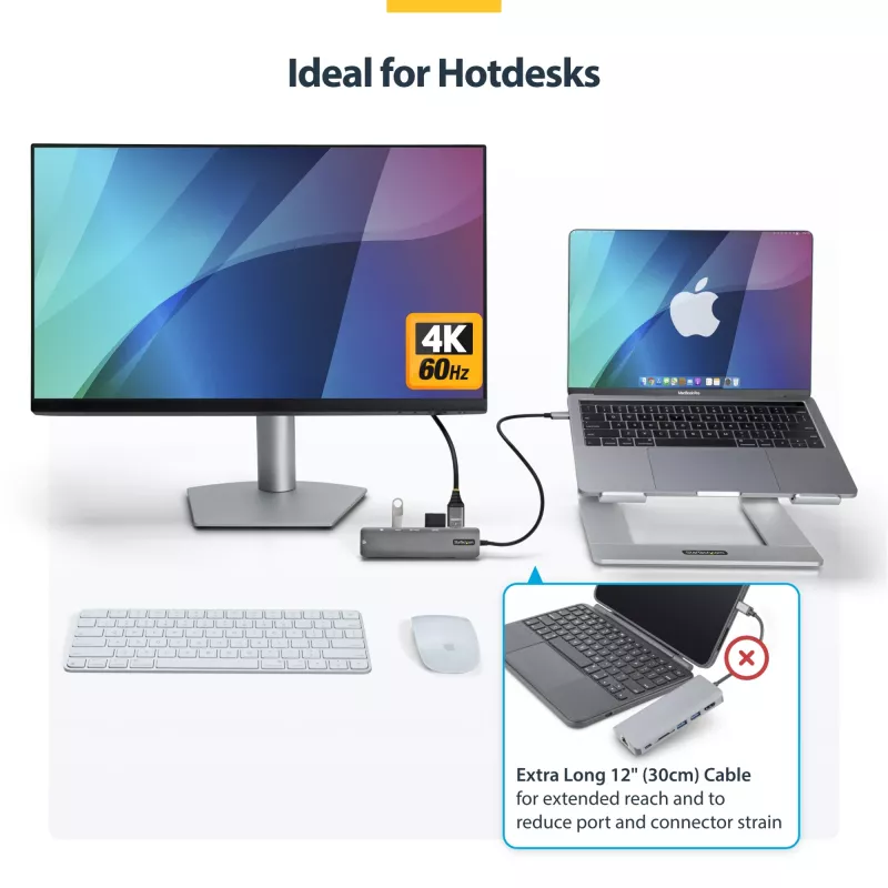 StarTech.com USB-C daudzportu adaptera centrmezgls, USB-C uz 4K 60Hz HDMI, Gigabit Ethernet un 100W klēpjdatora uzlāde Macbook Pro / Air un Windows