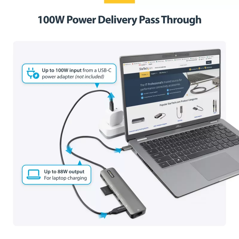 StarTech.com USB-C daudzportu adaptera centrmezgls, USB-C uz 4K 60Hz HDMI, Gigabit Ethernet un 100W klēpjdatora uzlāde Macbook Pro / Air un Windows