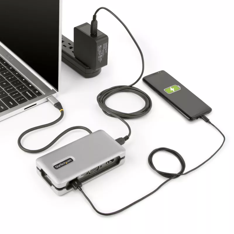 StarTech.com USB-C multiportu adapteris - HDMI/VGA - 4K 60Hz - 3 portu USB centrmezgls - 100W jaudas piegādes caurlaide - GbE - ceļojumu mini dokstacija ar uzlādi - 1ft/30cm aptinams kabelis