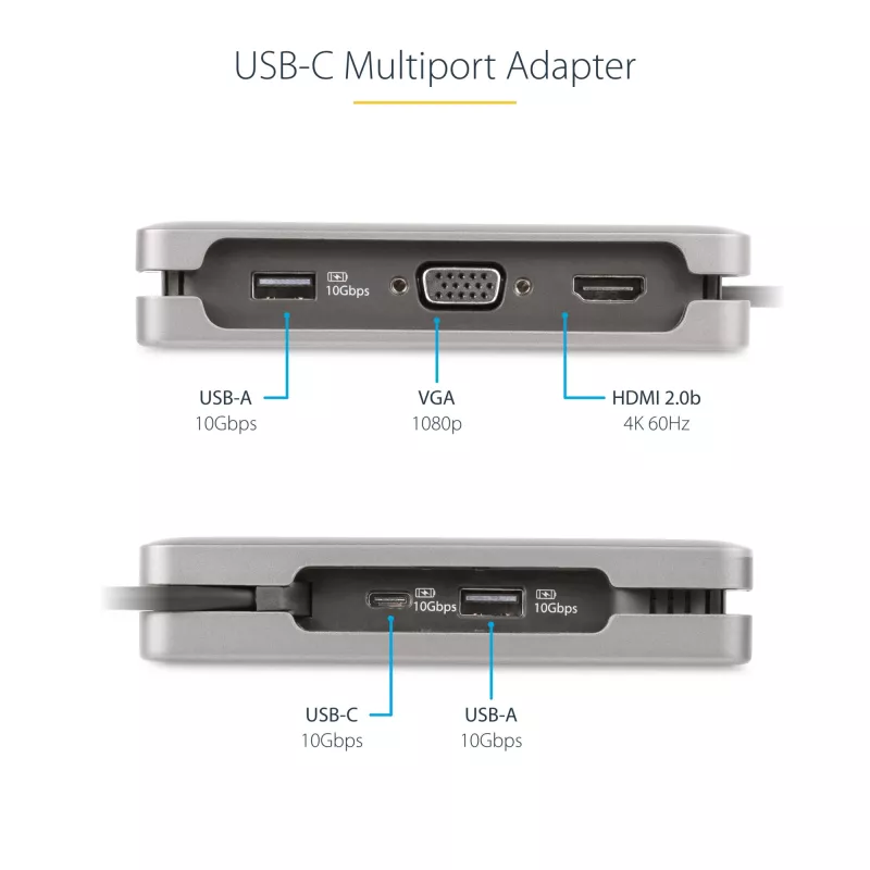 StarTech.com USB-C multiportu adapteris - HDMI/VGA - 4K 60Hz - 3 portu USB centrmezgls - 100W jaudas piegādes caurlaide - GbE - ceļojumu mini dokstacija ar uzlādi - 1ft/30cm aptinams kabelis