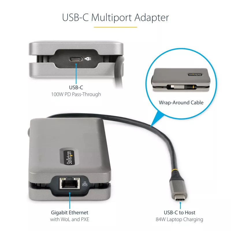 StarTech.com USB-C multiportu adapteris - HDMI/VGA - 4K 60Hz - 3 portu USB centrmezgls - 100W jaudas piegādes caurlaide - GbE - ceļojumu mini dokstacija ar uzlādi - 1ft/30cm aptinams kabelis