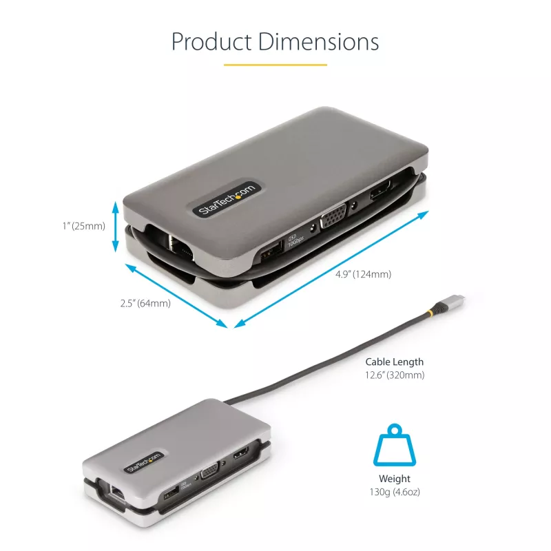 StarTech.com USB-C multiportu adapteris - HDMI/VGA - 4K 60Hz - 3 portu USB centrmezgls - 100W jaudas piegādes caurlaide - GbE - ceļojumu mini dokstacija ar uzlādi - 1ft/30cm aptinams kabelis
