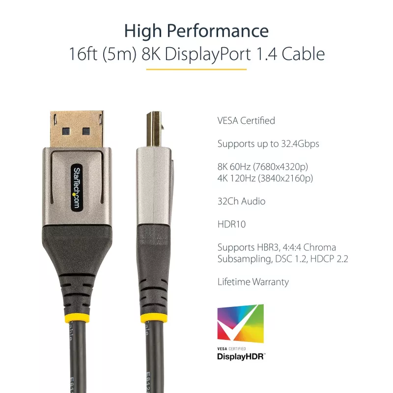 StarTech.com 16 pēdu (5 m) VESA sertificēts DisplayPort 1.4 kabelis - 8K 60Hz HDR10 - Ultra HD 4K 120Hz video - DP 1.4 kabelis/vads - monitoriem/displejiem - DisplayPort uz DisplayPort kabelis - vīr./vīr.