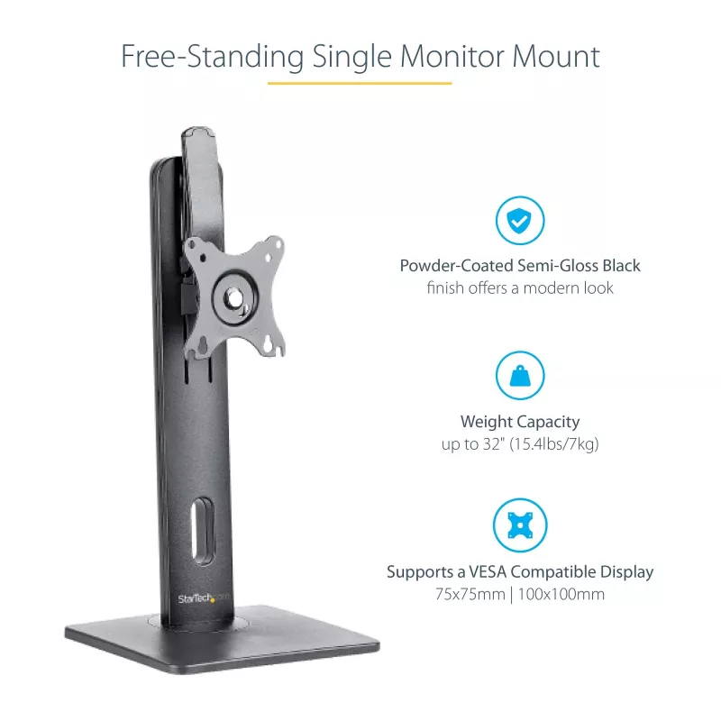 StarTech.com brīvi stāvošs viena monitora stiprinājums – augstumā regulējams monitora statīvs – VESA montāžas displejiem līdz 32 collām (15 mārciņas/7 kg) – ergonomisks monitora statīvs galdam – noliekšana/pagriešana/rotēšana