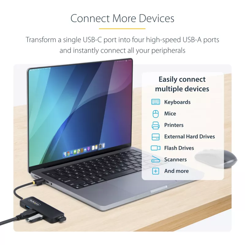 StarTech.com 4 portu USB-C centrmezgls, 5 Gbps, USB-C uz 4x USB-A, ar kopnes barošanu, mazs ceļojumu mini centrmezgls, vairāku portu USB 3.0 sadalītājs, pārnēsājams centrmezgls, pārstrāvas aizsardzība
