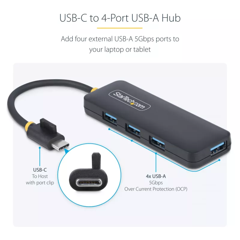 StarTech.com 4 portu USB-C centrmezgls, 5 Gbps, USB-C uz 4x USB-A, ar kopnes barošanu, mazs ceļojumu mini centrmezgls, vairāku portu USB 3.0 sadalītājs, pārnēsājams centrmezgls, pārstrāvas aizsardzība