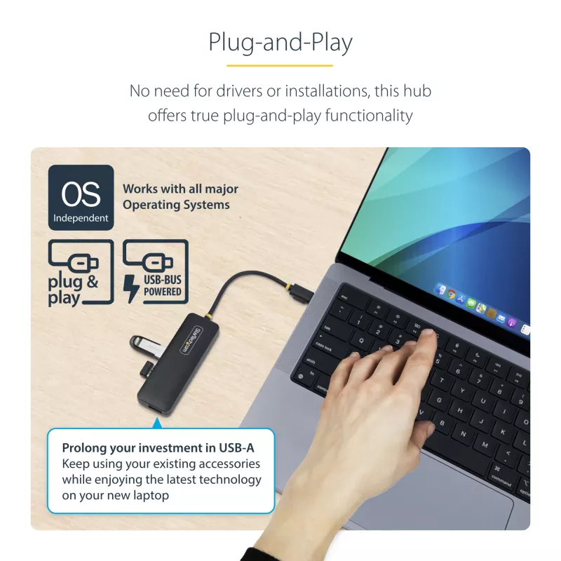 StarTech.com 4 portu USB-C centrmezgls, 5 Gbps, USB-C uz 4x USB-A, ar kopnes barošanu, mazs ceļojumu mini centrmezgls, vairāku portu USB 3.0 sadalītājs, pārnēsājams centrmezgls, pārstrāvas aizsardzība