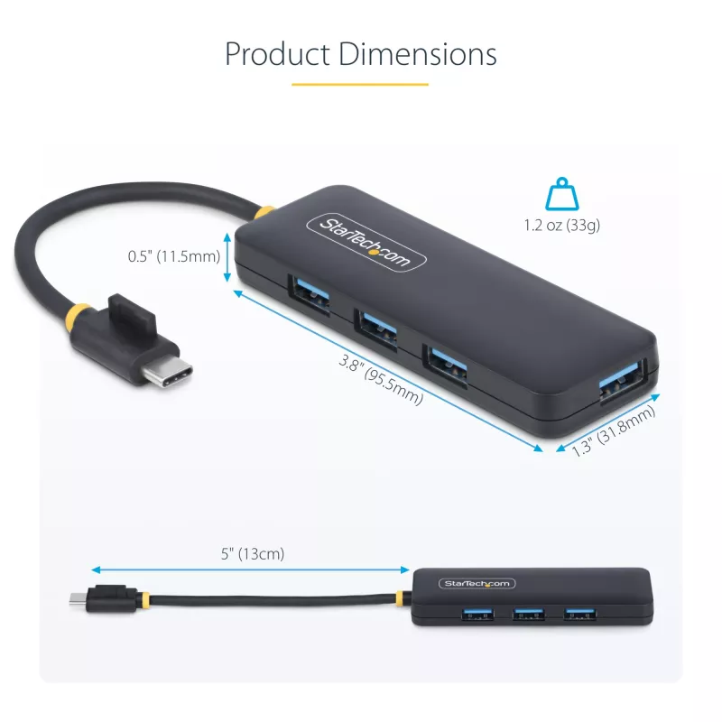 StarTech.com 4 portu USB-C centrmezgls, 5 Gbps, USB-C uz 4x USB-A, ar kopnes barošanu, mazs ceļojumu mini centrmezgls, vairāku portu USB 3.0 sadalītājs, pārnēsājams centrmezgls, pārstrāvas aizsardzība