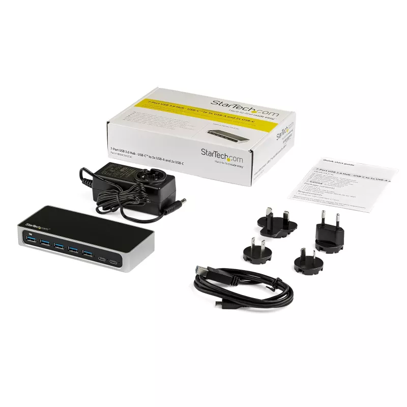 StarTech.com 7 portu USB C centrmezgls ar ātrās uzlādes pieslēgvietu - USB-C uz 5x USB-A 2x USB-C (USB 3.0 SuperSpeed 5Gbps) - pašbarojošs USB 3.2 Gen 1 Type-C centrmezgls ar barošanas adapteri - galddatora/portatīvā datora centrmezgls