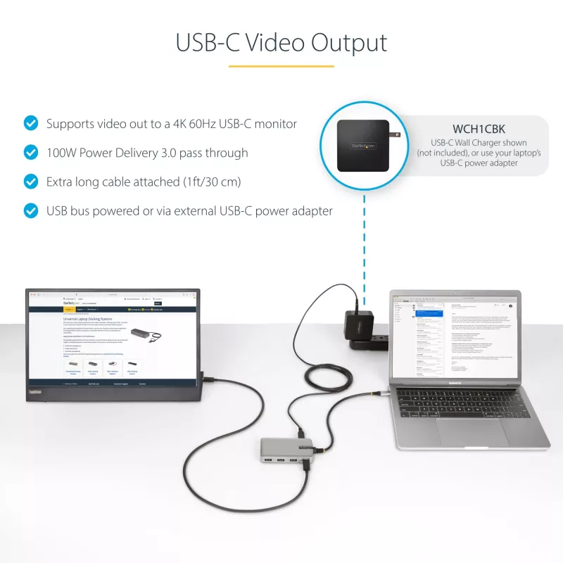 StarTech.com 4 portu USB-C centrmezgls ar USB-C DP Alt Mode video izeju 4K 60Hz - 3x USB-A, 1x USB Type-C, 100 W Power Delivery caurlaide, USB 3.2 10Gbps, 1 pēda/30cm kabelis, portatīvs USB centrmezgls