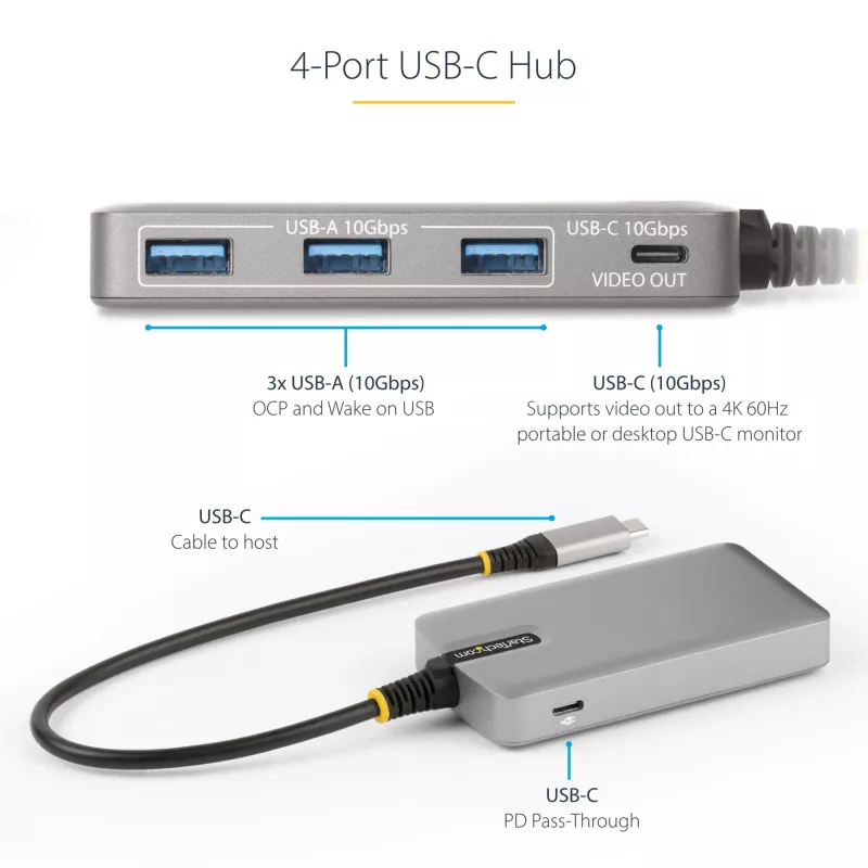 StarTech.com 4 portu USB-C centrmezgls ar USB-C DP Alt Mode video izeju 4K 60Hz - 3x USB-A, 1x USB Type-C, 100 W Power Delivery caurlaide, USB 3.2 10Gbps, 1 pēda/30cm kabelis, portatīvs USB centrmezgls