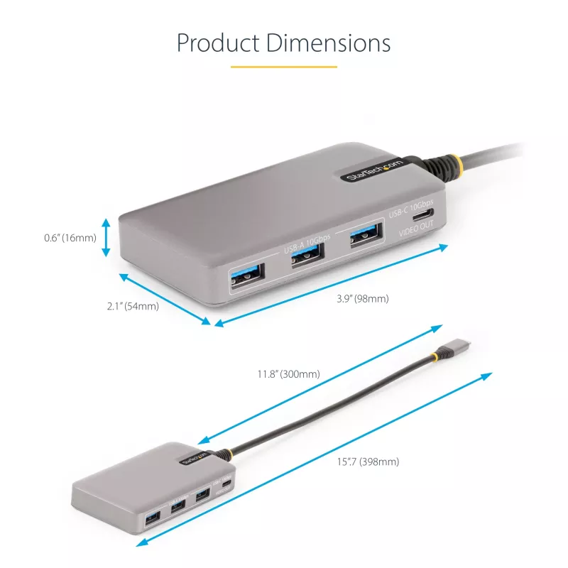 StarTech.com 4 portu USB-C centrmezgls ar USB-C DP Alt Mode video izeju 4K 60Hz - 3x USB-A, 1x USB Type-C, 100 W Power Delivery caurlaide, USB 3.2 10Gbps, 1 pēda/30cm kabelis, portatīvs USB centrmezgls