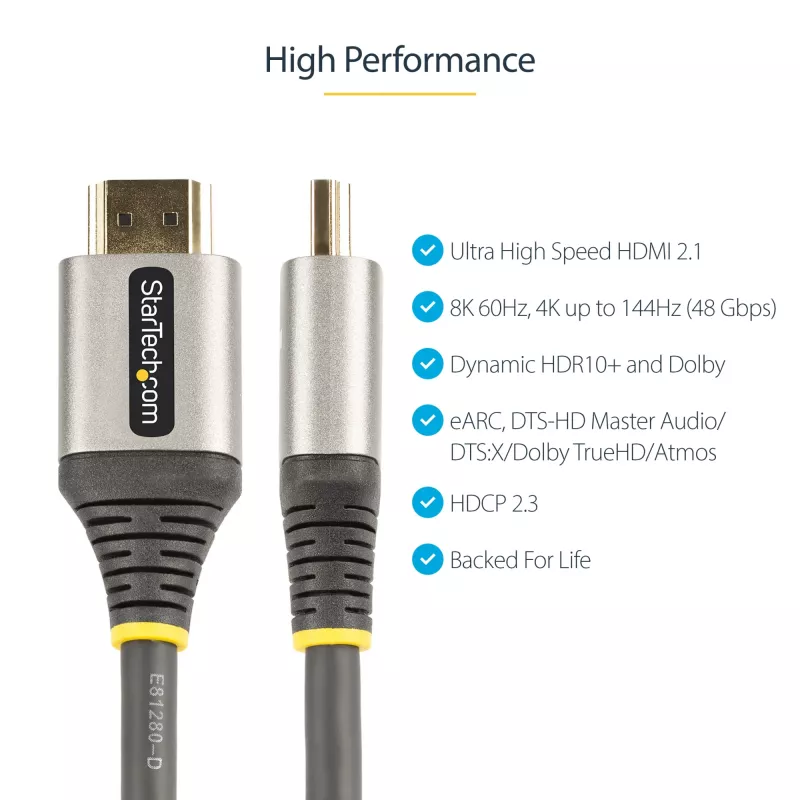 StarTech.com 2m HDMI 2.1 kabelis 8K - sertificēts īpaši ātrs HDMI kabelis 48Gbps - 8K 60Hz/4K 120Hz HDR10+ eARC - Ultra HD 8K HDMI kabelis - monitors/TV/displejs - elastīga TPE apvalks