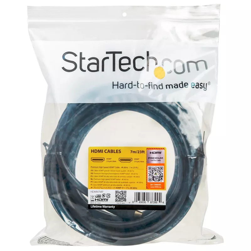 StarTech.com 23 pēdas (7 m) Premium sertificēts HDMI 2.0 kabelis ar Ethernet - High Speed Ultra HD 4K 60Hz HDMI kabelis HDR10 - Garais HDMI vads (vīrišķais/vīrišķais savienotāji) - UHD monitoriem, televizoriem, displejiem