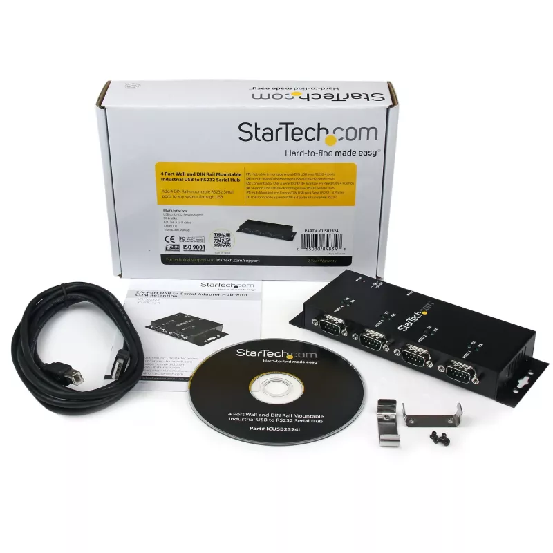 StarTech.com 4 pieslēgvietu USB–DB9 RS232 seriālo interfeisu adaptera centrmezgls – industriāls, stiprināms uz DIN sliedes un sienas