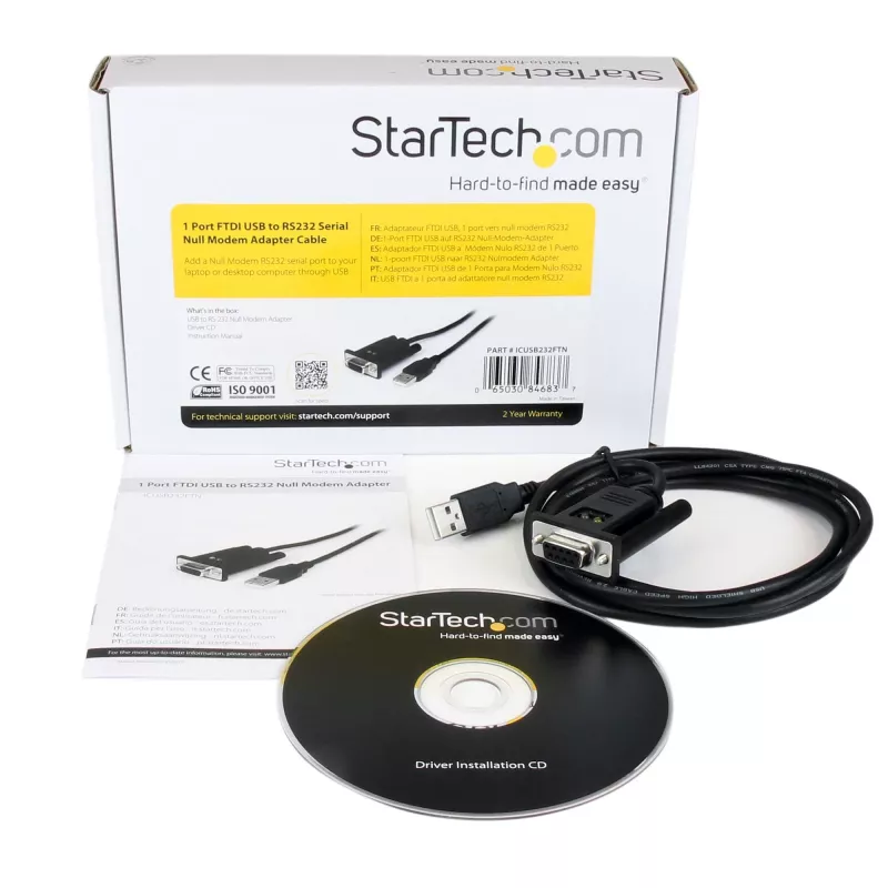 StarTech.com 6 pēdas (1,8 m) 1 porta USB uz seriālo RS232 adapteris, FTDI DB9 seriālais DCE adaptera kabelis, Null Modem, USB 2.0 — TAA