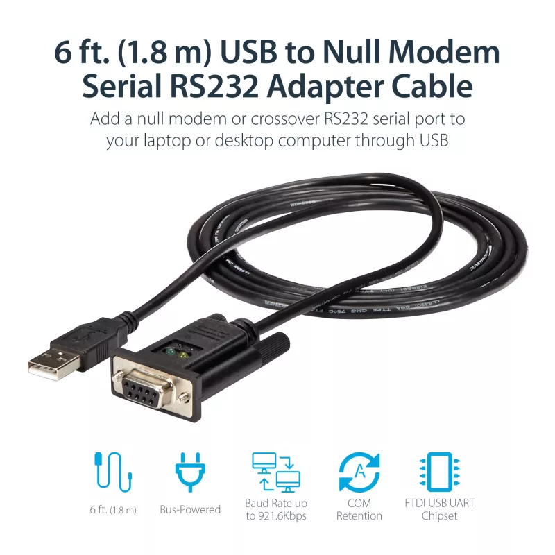 StarTech.com 6 pēdas (1,8 m) 1 porta USB uz seriālo RS232 adapteris, FTDI DB9 seriālais DCE adaptera kabelis, Null Modem, USB 2.0 — TAA