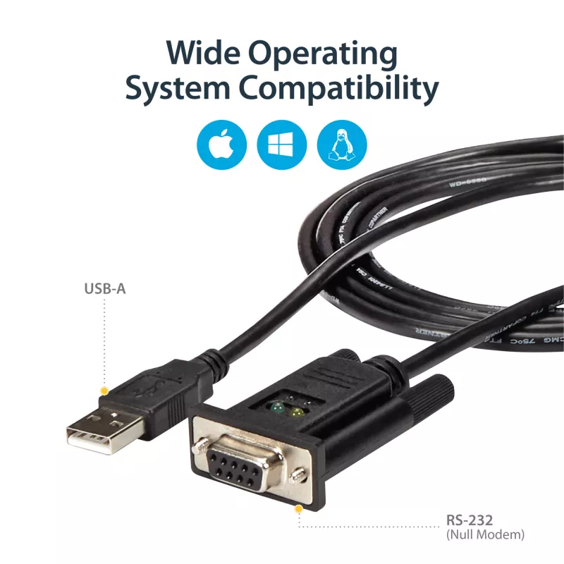 StarTech.com 6 pēdas (1,8 m) 1 porta USB uz seriālo RS232 adapteris, FTDI DB9 seriālais DCE adaptera kabelis, Null Modem, USB 2.0 — TAA