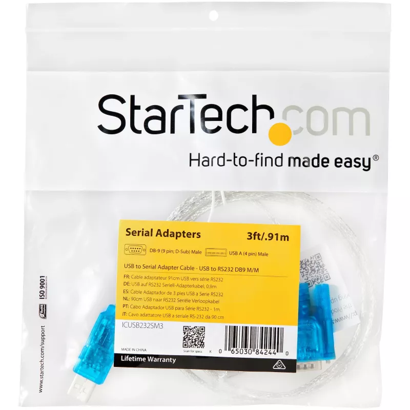StarTech.com 3 pēdas (91 cm) 1 porta USB uz RS232 DB9 seriālā adaptera kabelis, USB uz seriālo adaptera kabelis - V/V