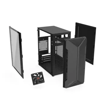 PC korpuss KRUX Astro Cube Melns — kuba korpuss, atbalsta micro ATX/mini-ITX, 1×3,5 collu + 2×2,5 collu nodalījumi, sānu logs, maks. barošanas bloks 28 cm, maks. dzesētāja augstums 136 mm