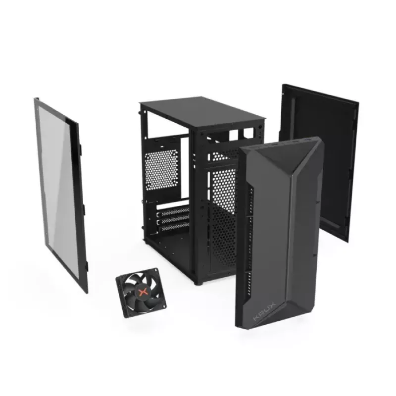 PC korpuss KRUX Astro Cube Melns — kuba korpuss, atbalsta micro ATX/mini-ITX, 1×3,5 collu + 2×2,5 collu nodalījumi, sānu logs, maks. barošanas bloks 28 cm, maks. dzesētāja augstums 136 mm