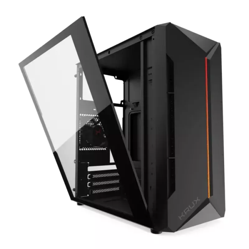 PC korpuss KRUX Astro Cube Melns — kuba korpuss, atbalsta micro ATX/mini-ITX, 1×3,5 collu + 2×2,5 collu nodalījumi, sānu logs, maks. barošanas bloks 28 cm, maks. dzesētāja augstums 136 mm