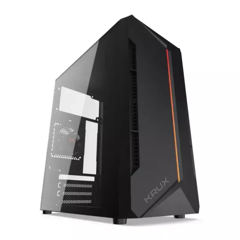 PC korpuss KRUX Astro Cube Melns — kuba korpuss, atbalsta micro ATX/mini-ITX, 1×3,5 collu + 2×2,5 collu nodalījumi, sānu logs, maks. barošanas bloks 28 cm, maks. dzesētāja augstums 136 mm