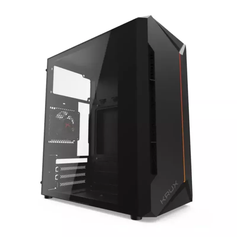 PC korpuss KRUX Astro Cube Melns — kuba korpuss, atbalsta micro ATX/mini-ITX, 1×3,5 collu + 2×2,5 collu nodalījumi, sānu logs, maks. barošanas bloks 28 cm, maks. dzesētāja augstums 136 mm